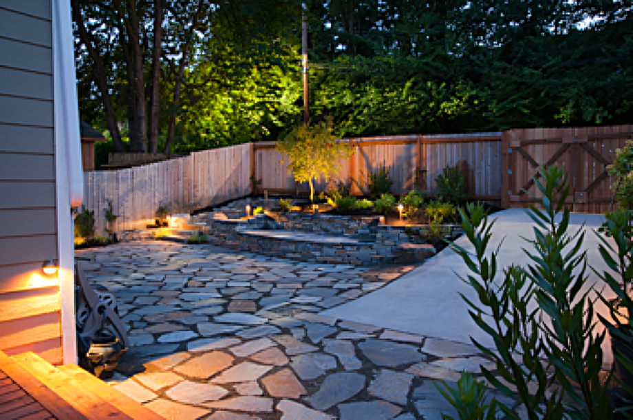 Illuminated backyard with stone patio at night.