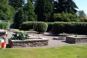 Outdoor garden with stone planters and greenery.