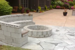 Patio with stone fire pit and seating.