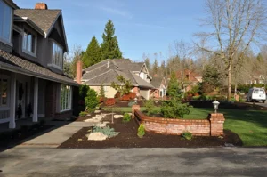 Suburban neighborhood with landscaped front yards.