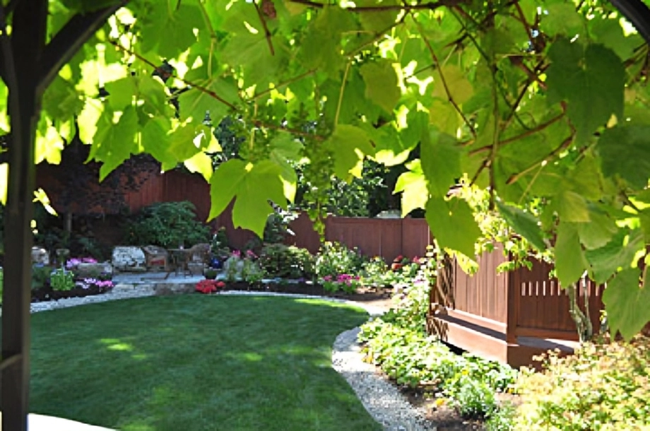 Lush garden with wooden gazebo and plants.